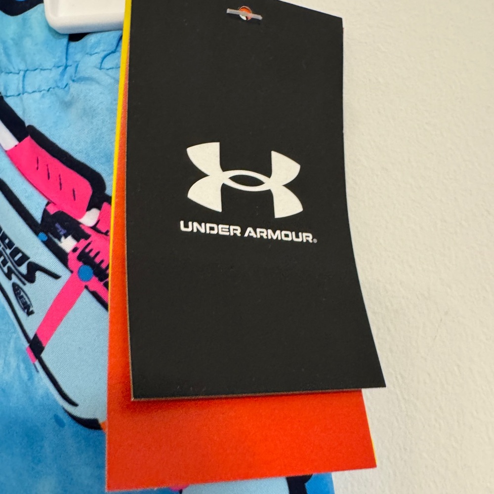 Under Armour Boys Blue Swim Trunks with Neon Water Super Soaker Print NEW - Picture 3 of 7